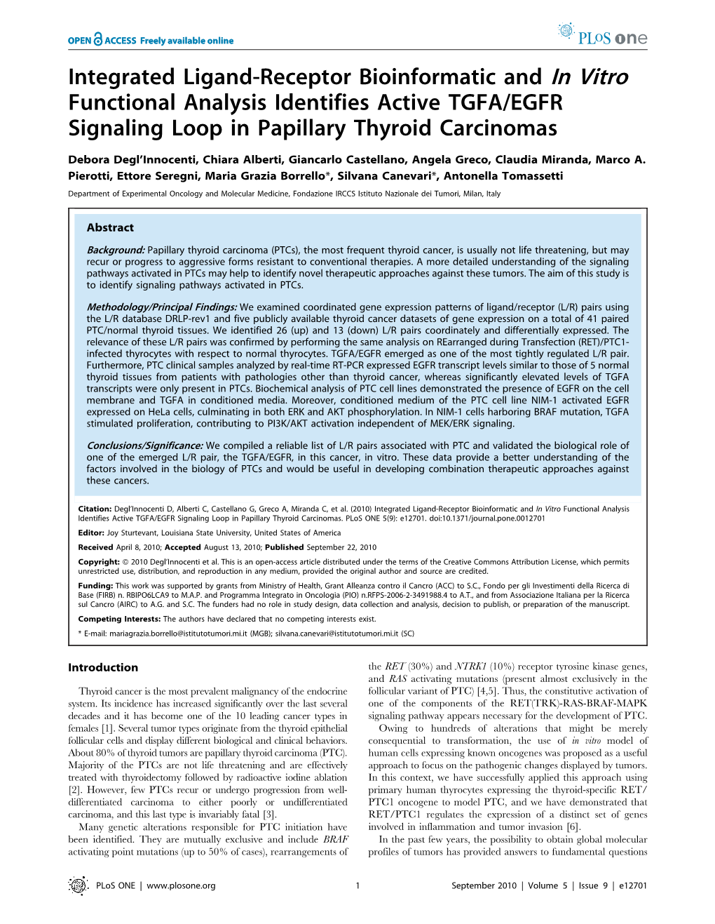 Integrated Ligand-Receptor Bioinformatic and in Vitro Functional Analysis Identifies Active TGFA/EGFR Signaling Loop in Papillary Thyroid Carcinomas