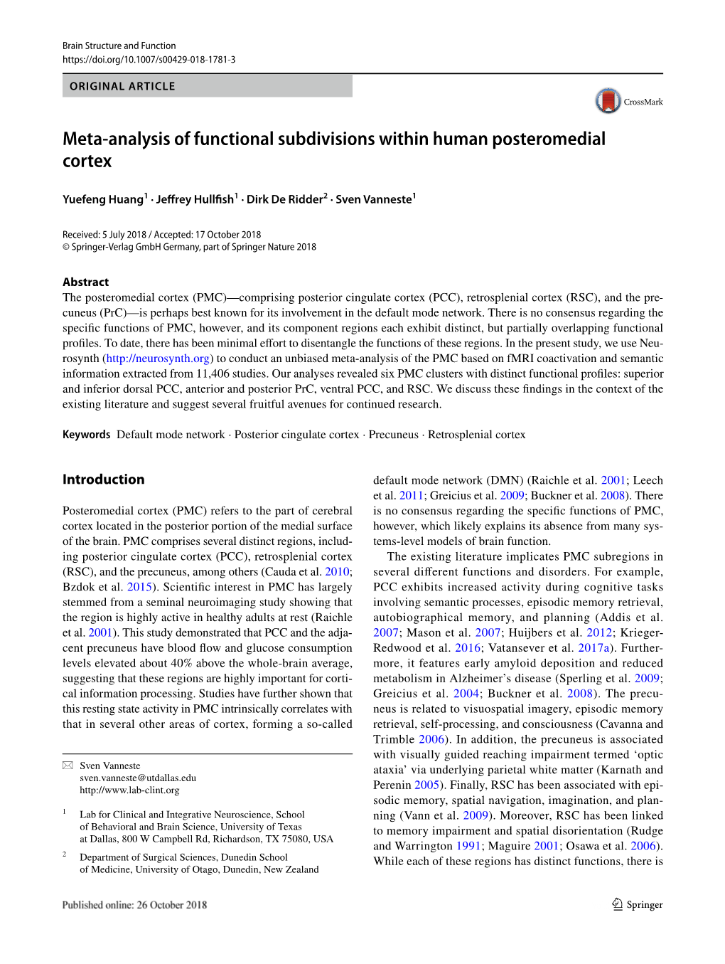 Meta-Analysis of Functional Subdivisions Within Human Posteromedial Cortex