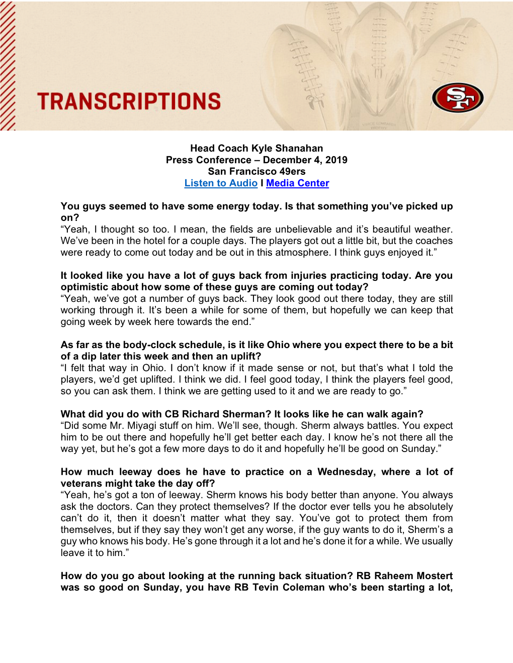 Head Coach Kyle Shanahan Press Conference – December 4, 2019 San Francisco 49Ers Listen to Audio I Media Center