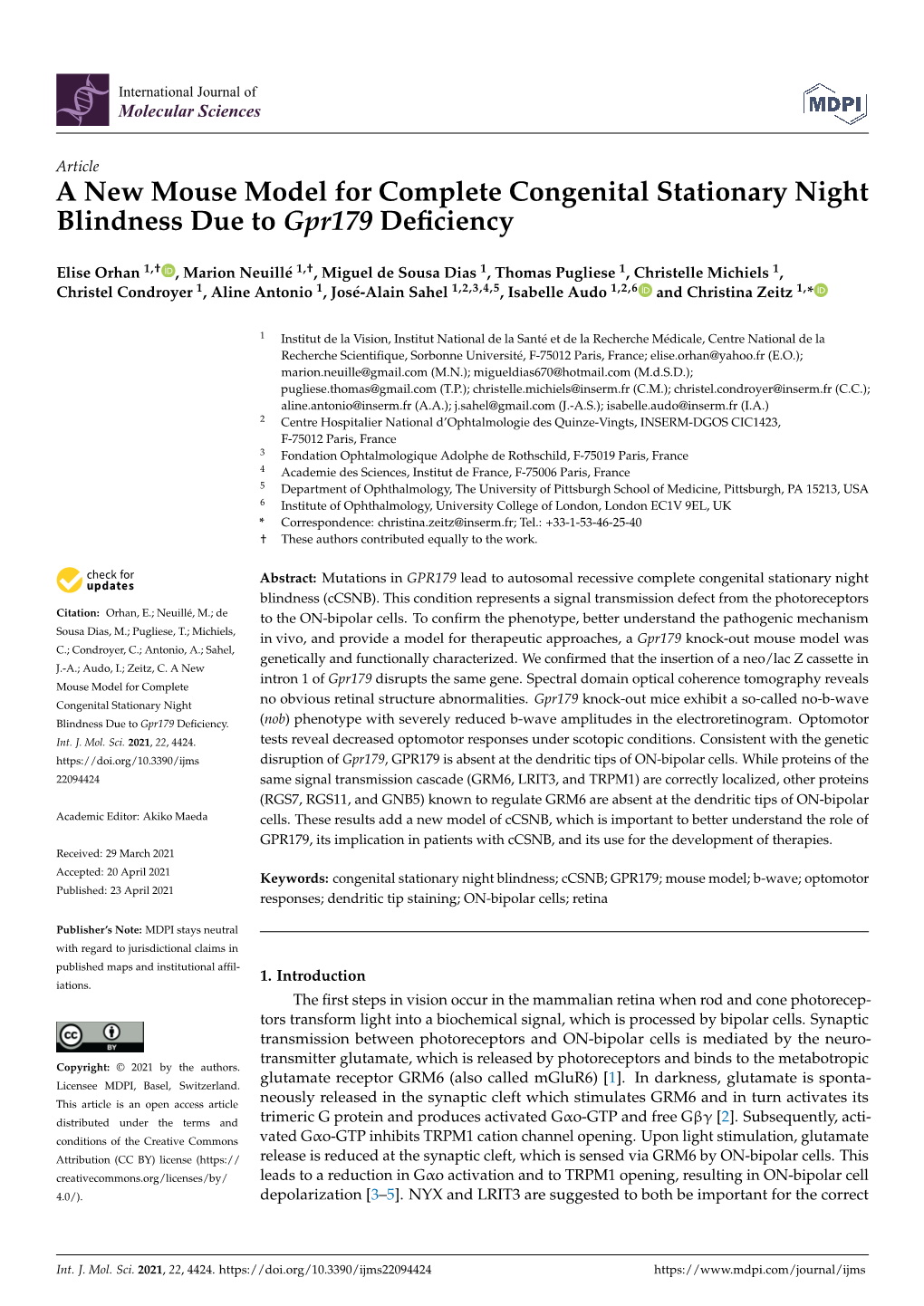 A New Mouse Model for Complete Congenital Stationary Night Blindness Due to Gpr179 Deﬁciency