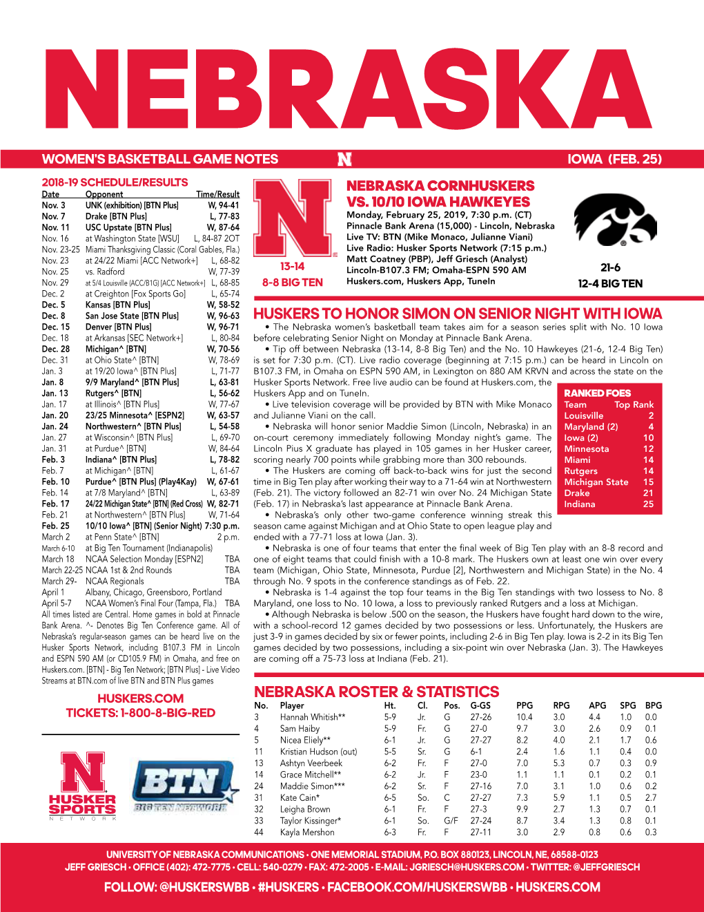 Nebraska Roster & Statistics Huskers