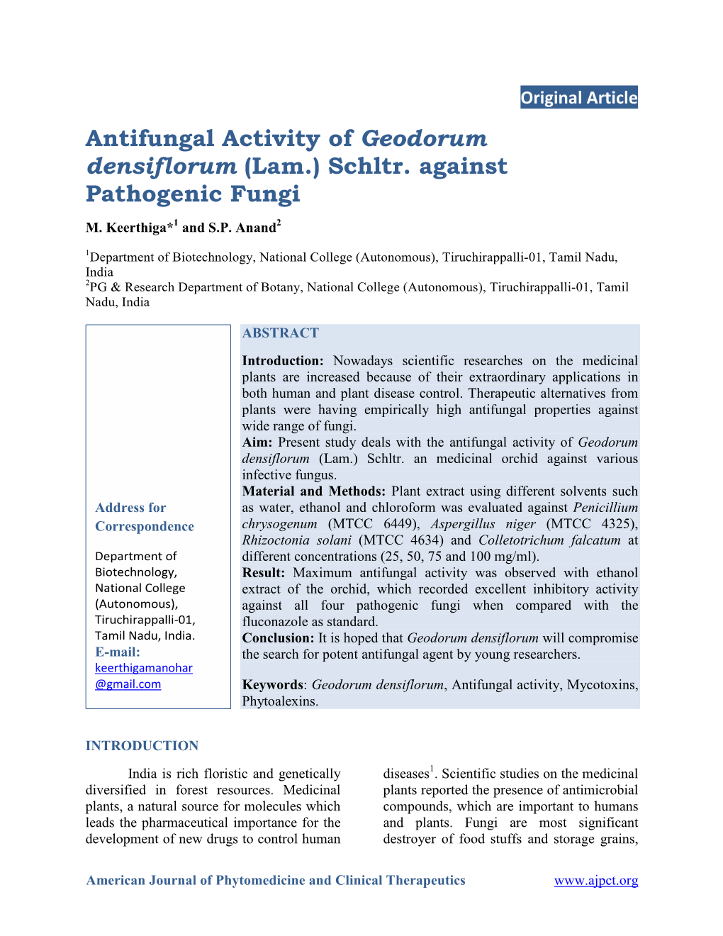 Antifungal Activity of Geodorum Densiflorum (Lam.) Schltr. Against Pathogenic Fungi M