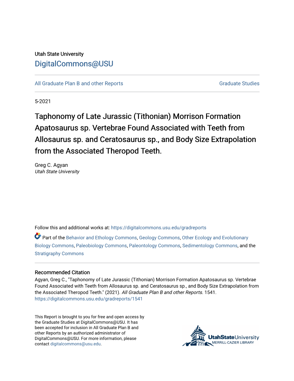 Taphonomy of Late Jurassic (Tithonian) Morrison Formation Apatosaurus Sp. Vertebrae Found Associated with Teeth from Allosaurus Sp