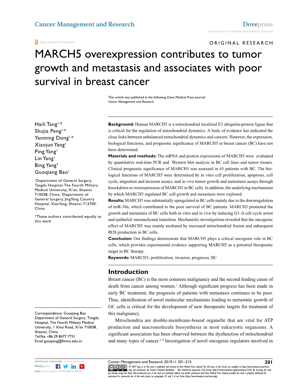 MARCH5 Overexpression Contributes to Tumor Growth and Metastasis and Associates with Poor Survival in Breast Cancer