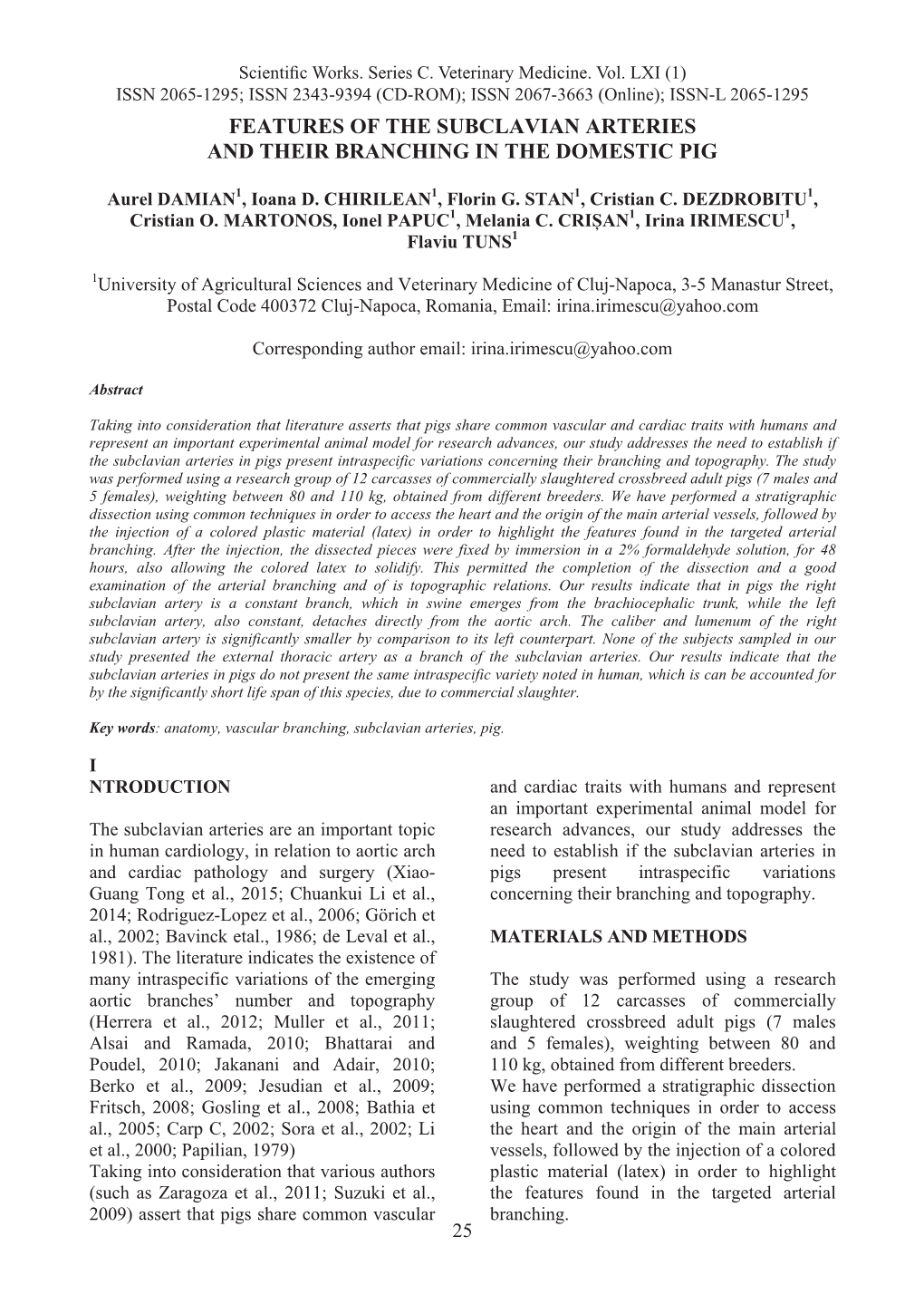 Features of the Subclavian Arteries and Their Branching in the Domestic Pig