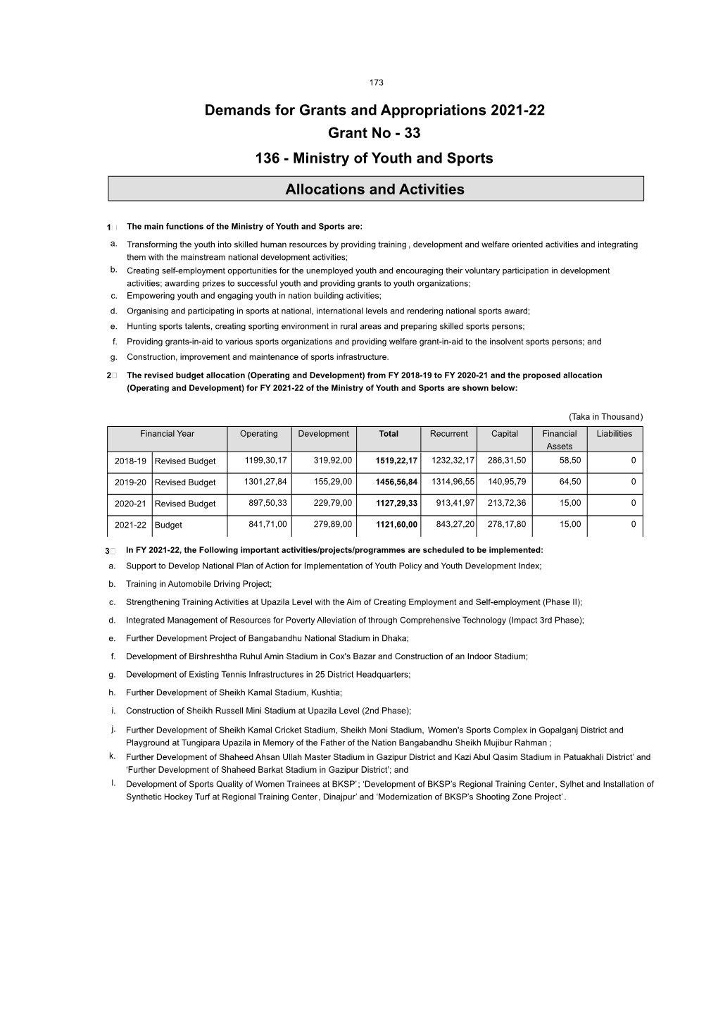 Demands for Grants and Appropriations 2021-22 Grant No - 33 136 - Ministry of Youth and Sports