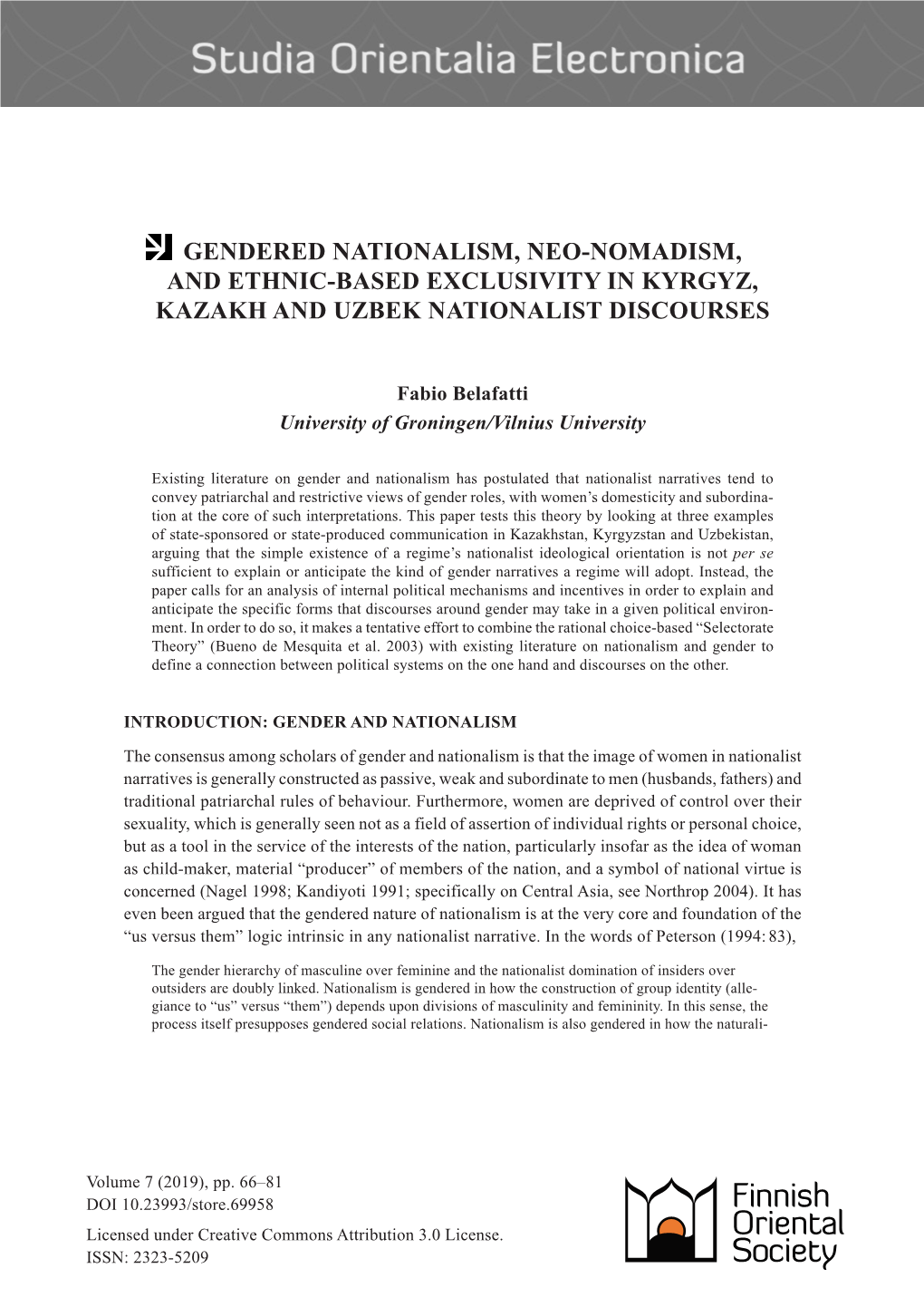 Gendered Nationalism, Neo-Nomadism, and Ethnic-Based Exclusivity in Kyrgyz, Kazakh and Uzbek Nationalist Discourses