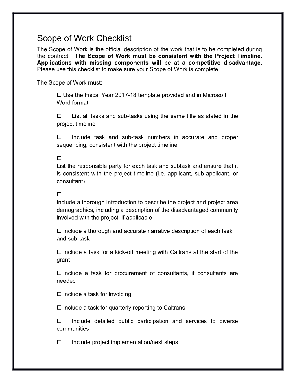 Scope of Work Checklist