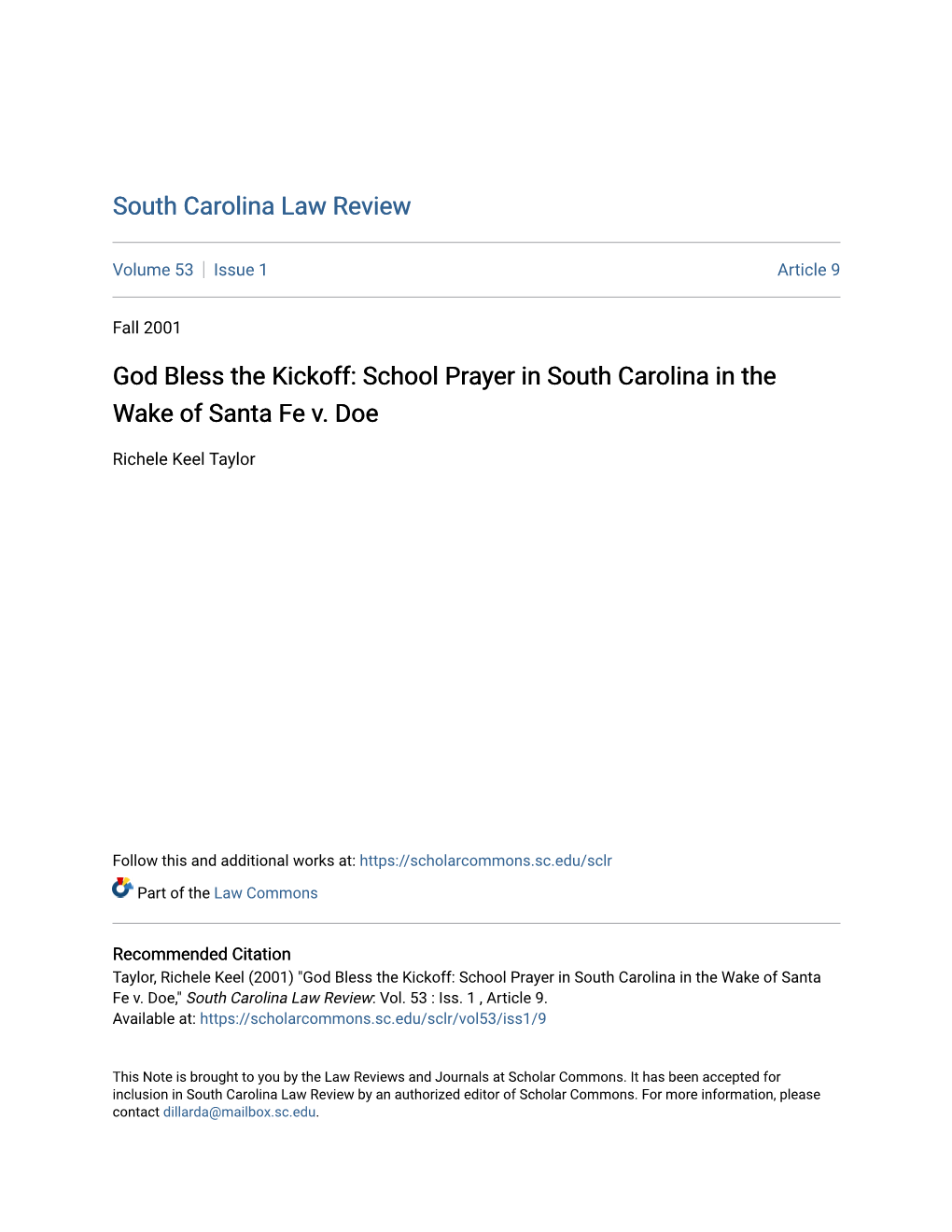 God Bless the Kickoff: School Prayer in South Carolina in the Wake of Santa Fe V