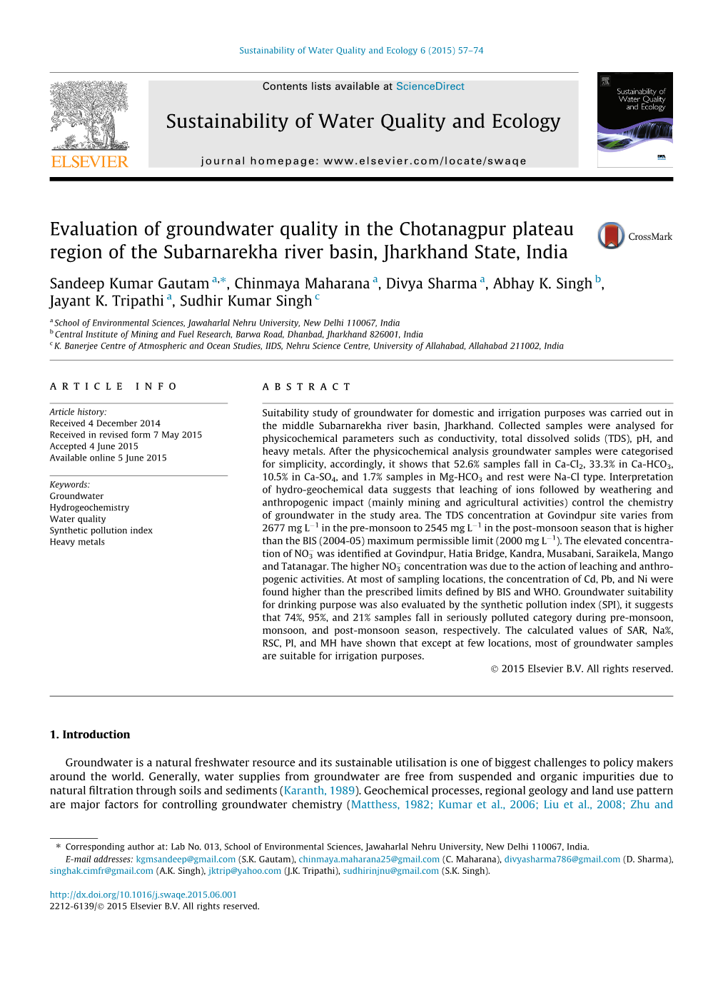 Evaluation of Groundwater Quality in the Chotanagpur Plateau Region Of