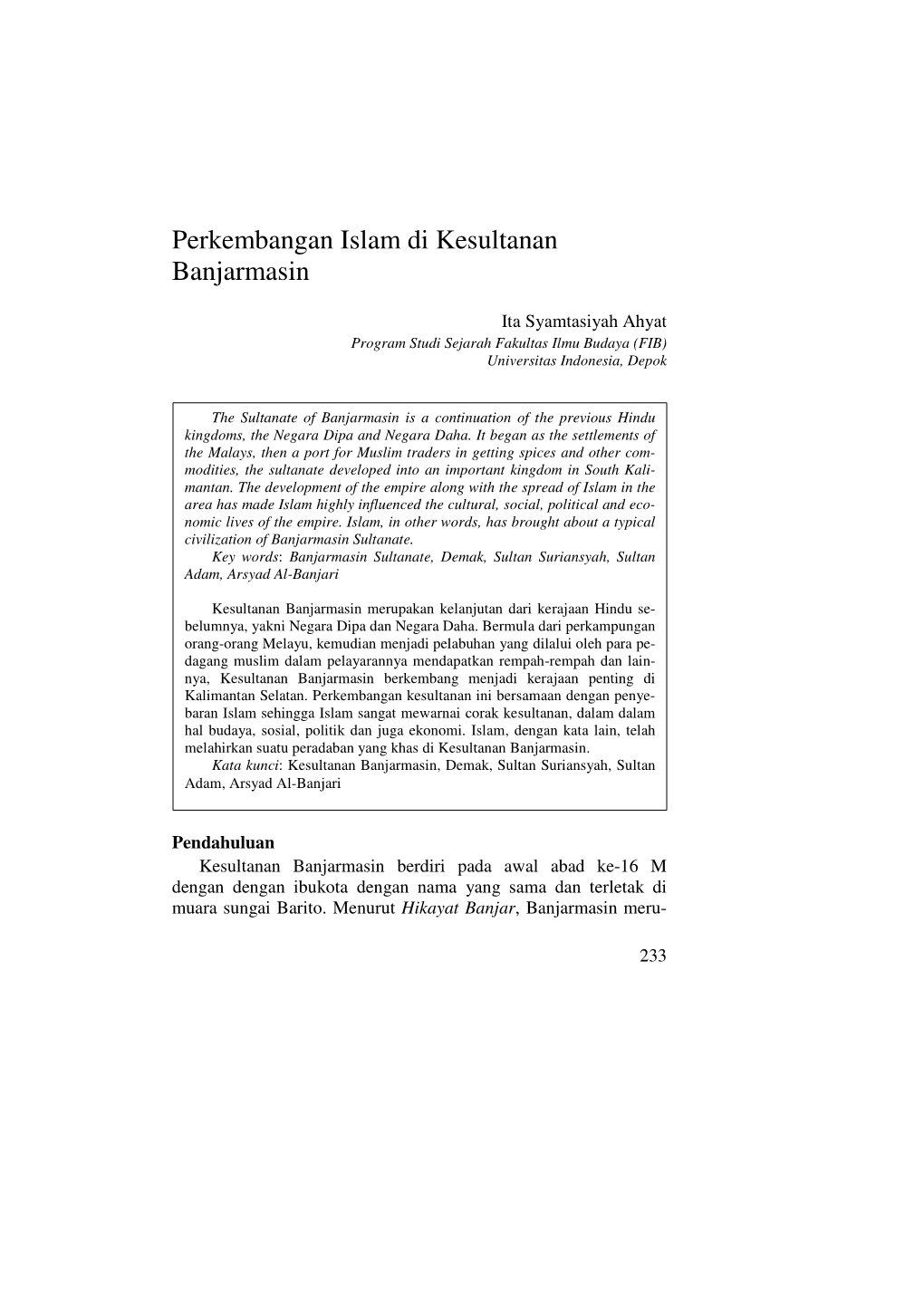 Perkembangan Islam Di Kesultanan Banjarmasin — Ita Syamtasiyah Ahyat