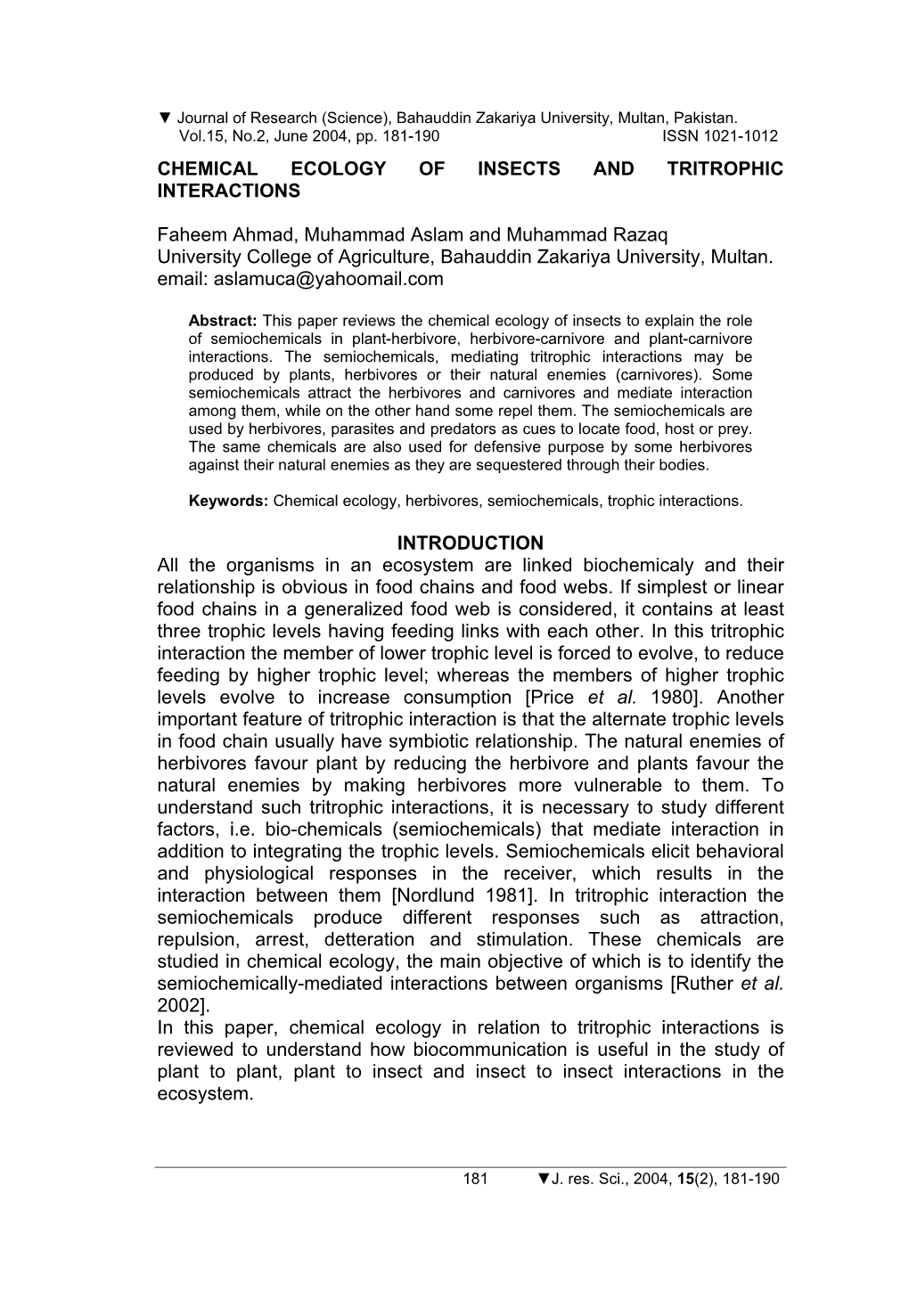 Chemical Ecology of Insects and Tritrophic Interactions