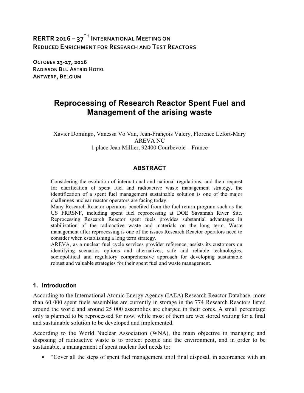 Reprocessing of Research Reactor Spent Fuel and Management of the Arising Waste