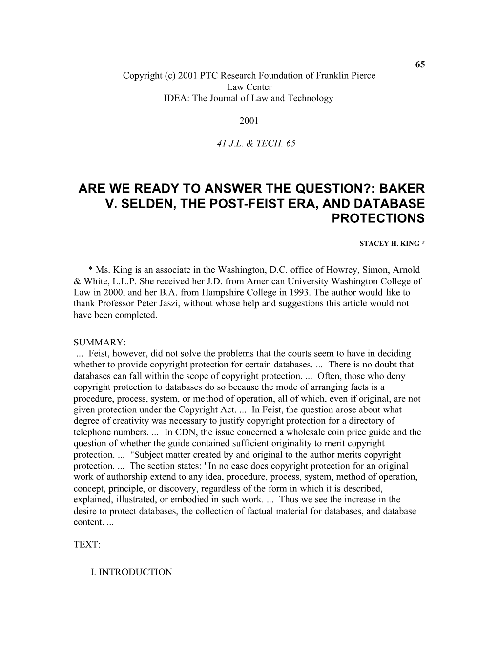 Baker V. Selden, the Post-Feist Era, and Database Protections