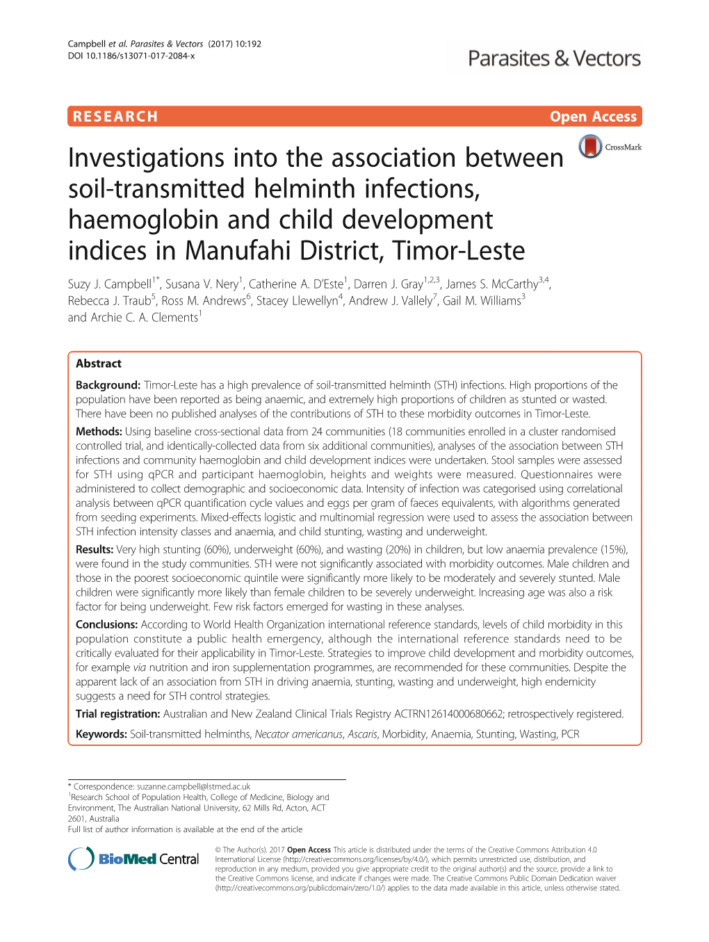 Investigations Into the Association Between Soil-Transmitted Helminth Infections, Haemoglobin and Child Development Indices in Manufahi District, Timor-Leste Suzy J