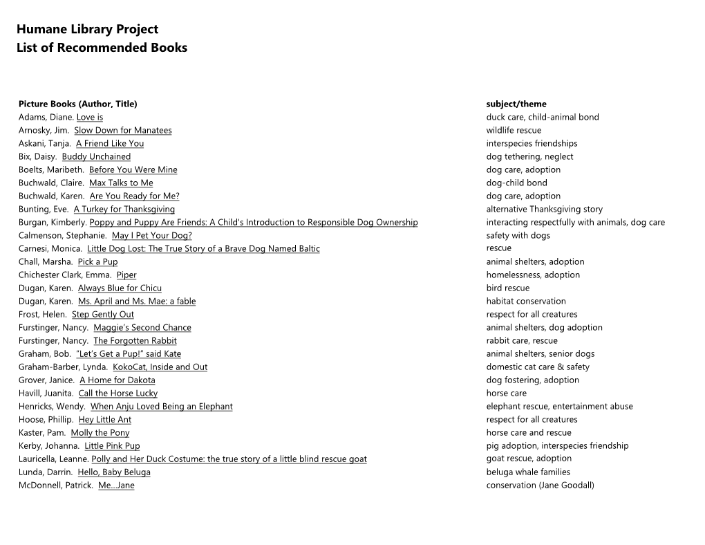 Humane Library Project List of Recommended Books