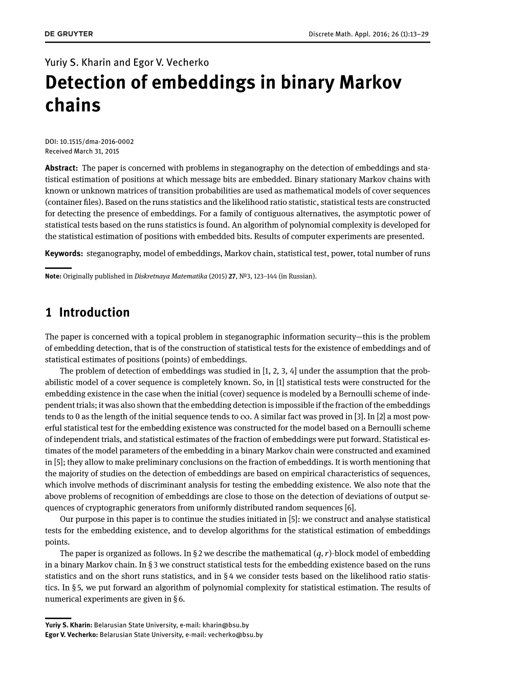 Detection of Embeddings in Binary Markov Chains