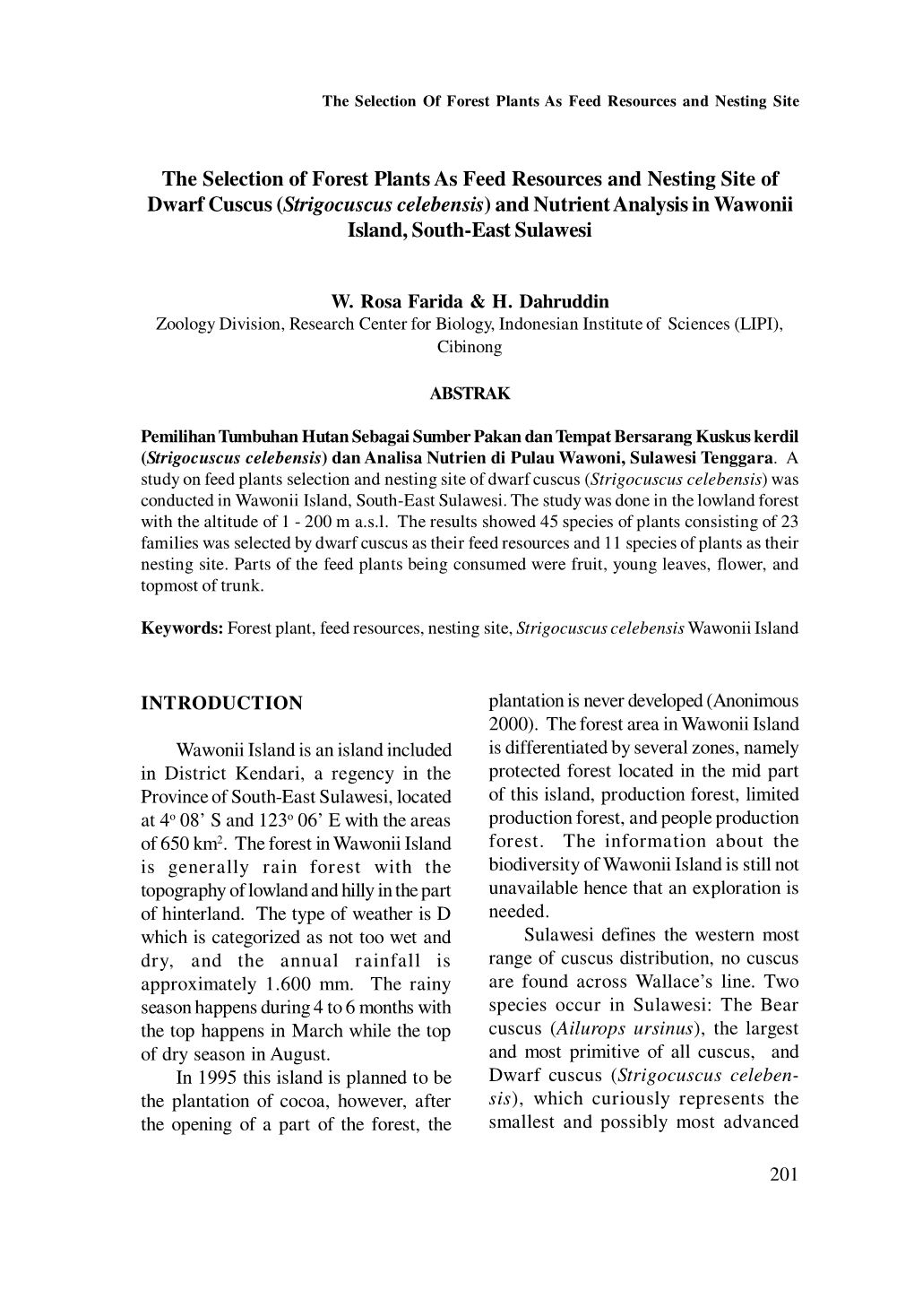 The Selection of Forest Plants As Feed Resources and Nesting Site of Dwarf Cuscus (Strigocuscus Celebensis) and Nutrient Analysi