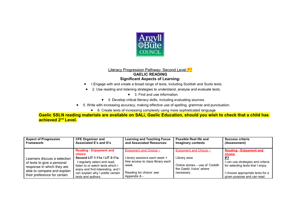 Literacy Progression Pathway- Second Level P7