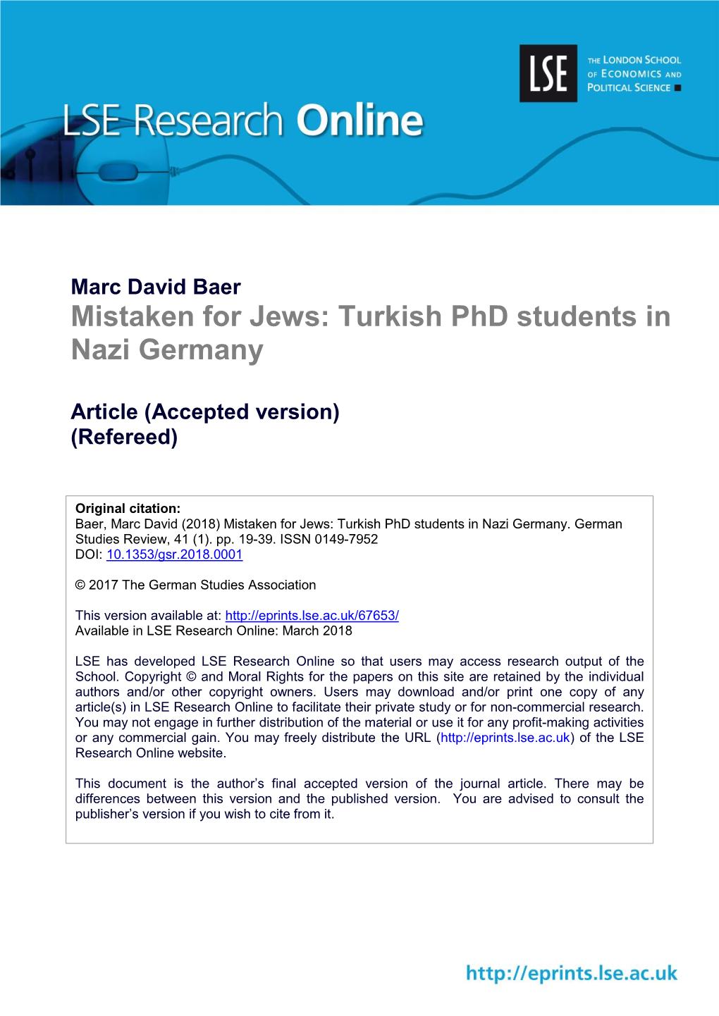 Mistaken for Jews: Turkish Phd Students in Nazi Germany