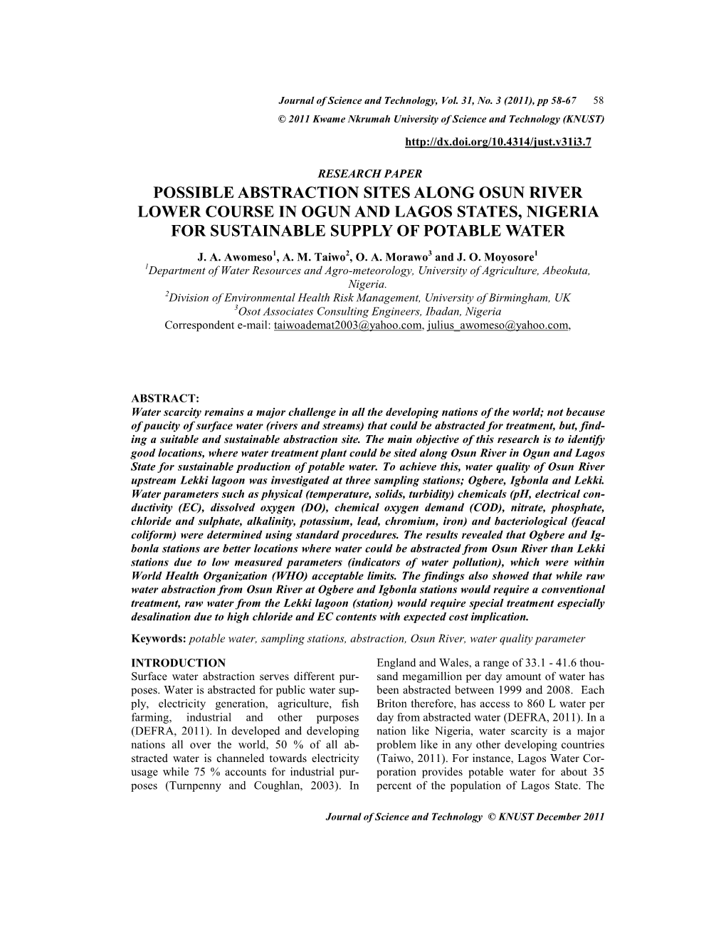 Possible Abstraction Sites Along Osun River Lower Course in Ogun and Lagos States, Nigeria for Sustainable Supply of Potable Water