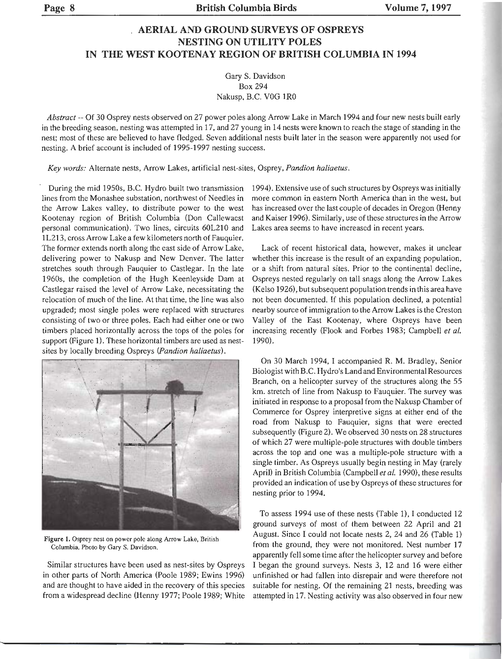 Aerial and Ground Surveys of Ospreys Nesting on Utility Poles in the West Kootenay Region of British Columbia in 1994