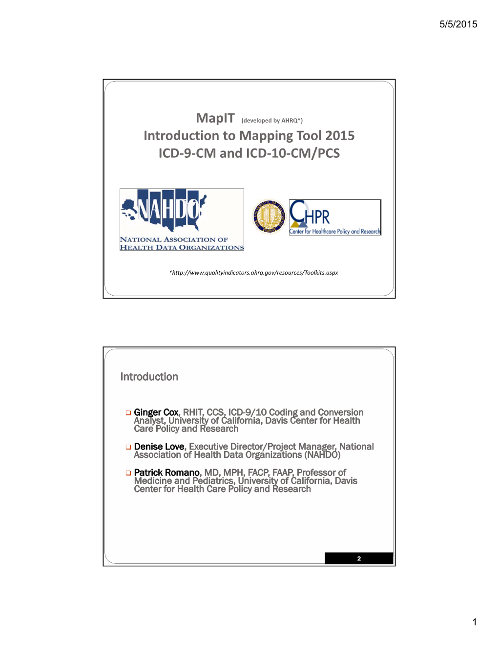 Introduction to Mapping Tool 2015 ICD-9-CM and ICD-10-CM/PCS