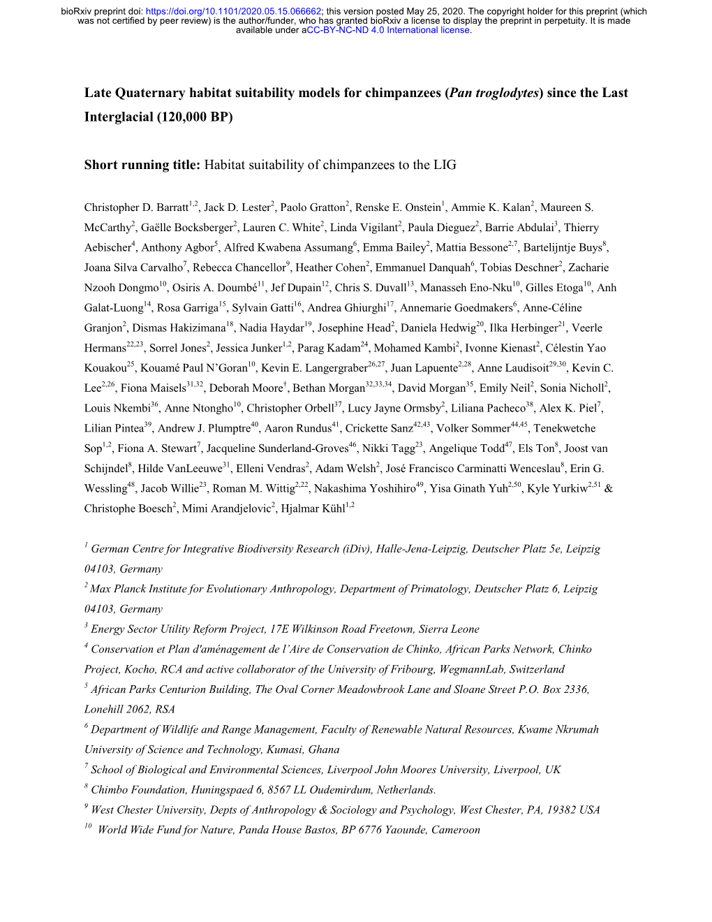 Pan Troglodytes) Since the Last Interglacial (120,000 BP)