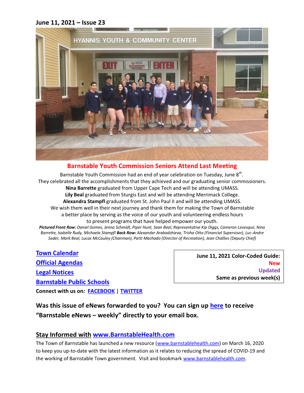 June 11, 2021 – Issue 23 Barnstable Youth Commission Seniors Attend