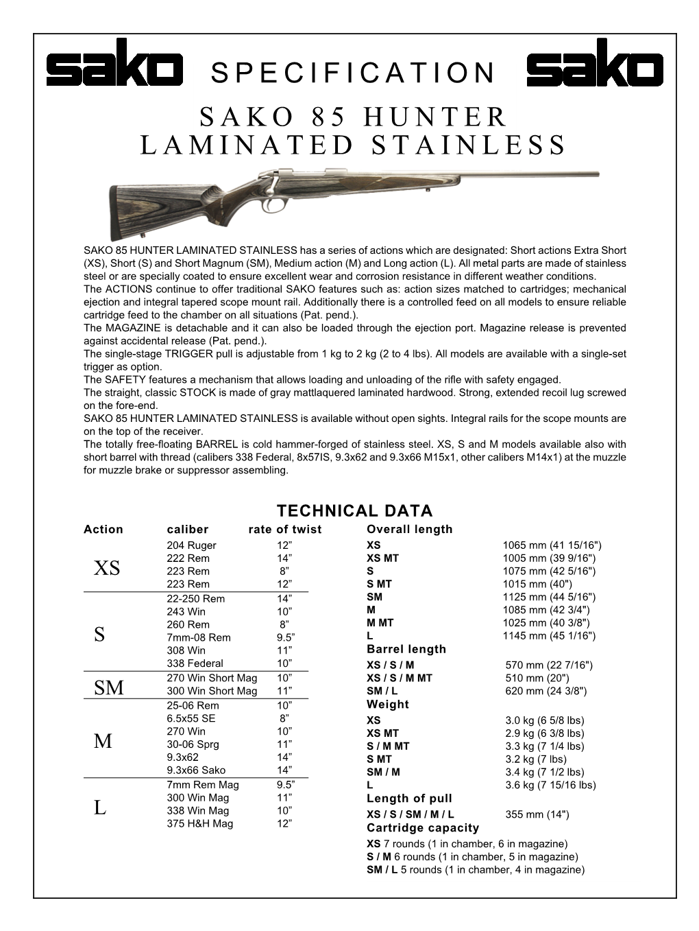 Specification Sako 85 Hunter Laminated Stainless