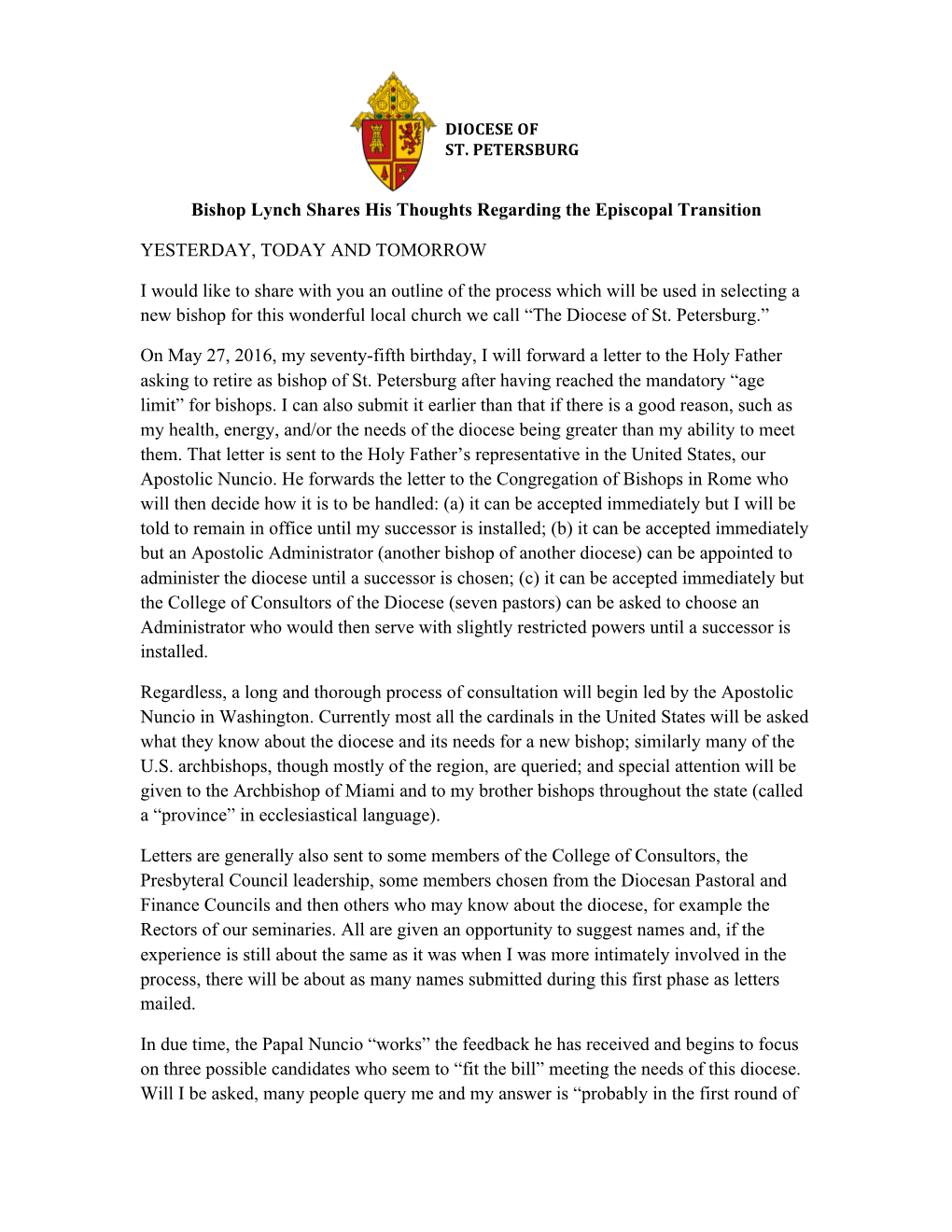 Bishop Lynch Shares His Thoughts Regarding the Episcopal Transition