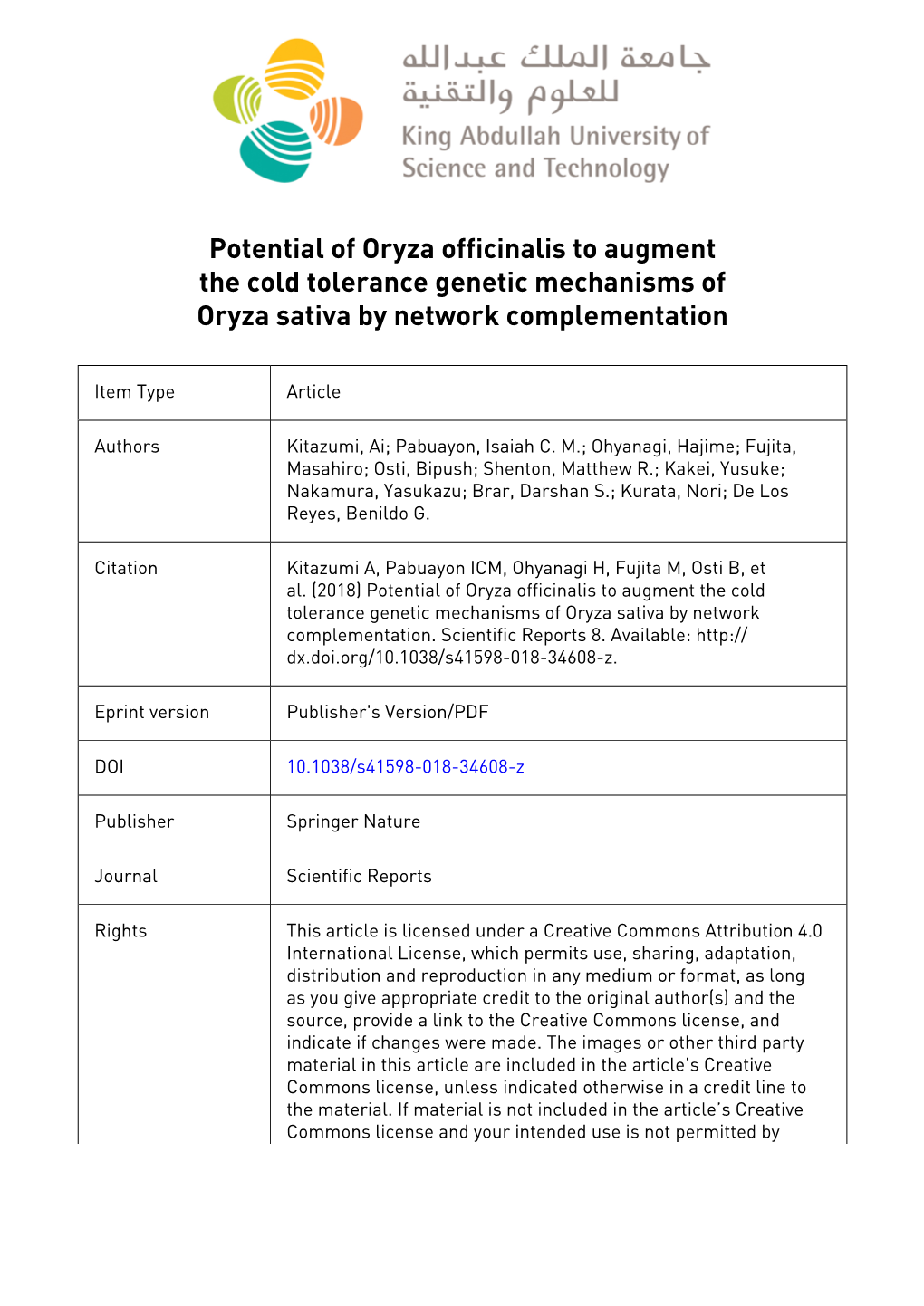 Potential of Oryza Officinalis to Augment the Cold Tolerance Genetic Mechanisms of Oryza Sativa by Network Complementation