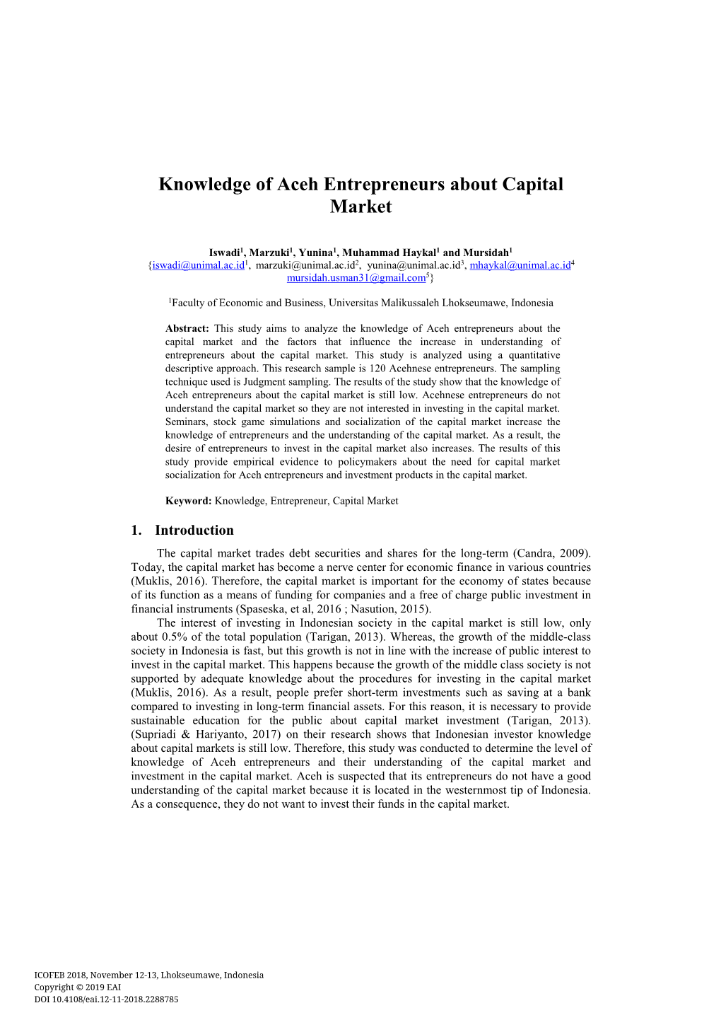 Knowledge of Aceh Entrepreneurs About Capital Market