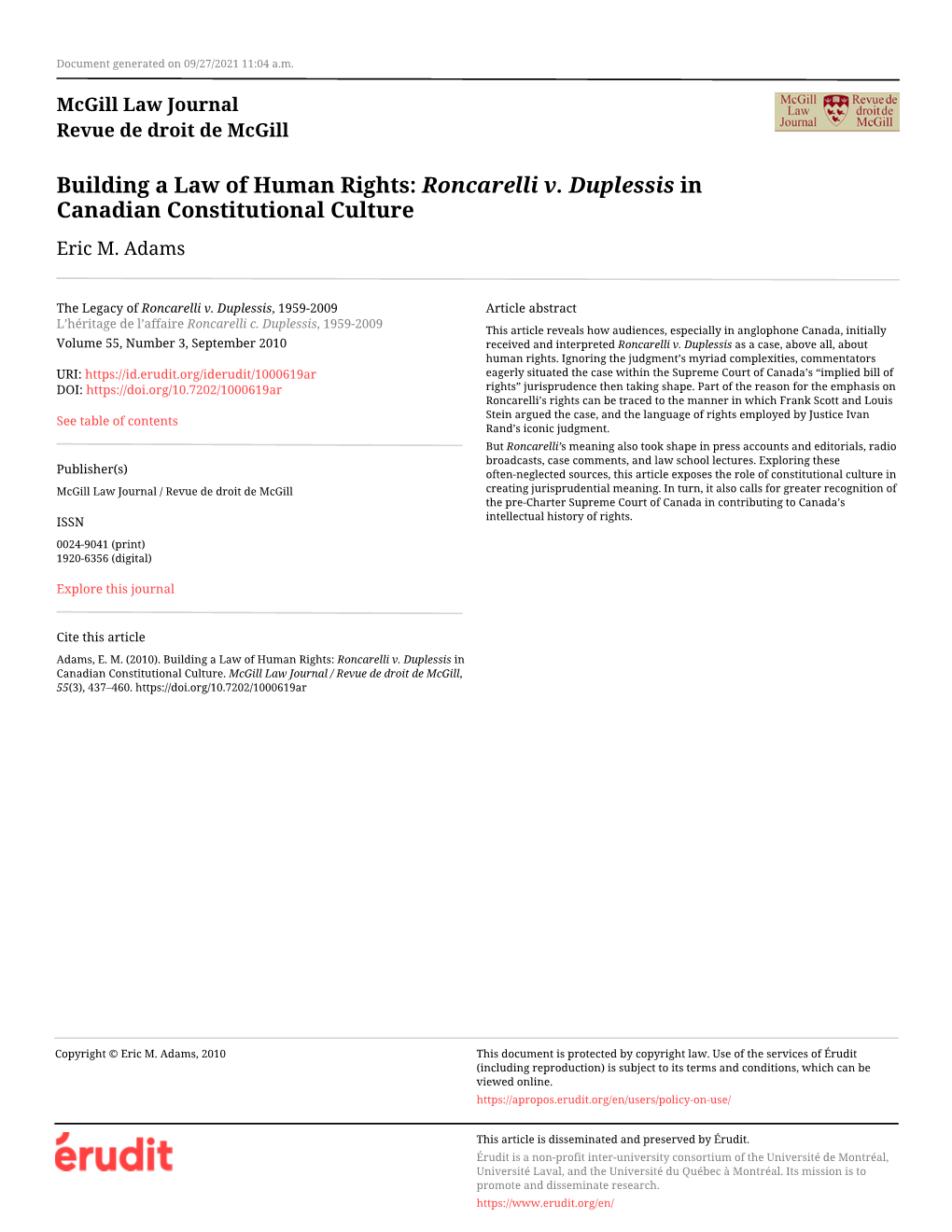 Building a Law of Human Rights: Roncarelli V. Duplessis in Canadian Constitutional Culture Eric M