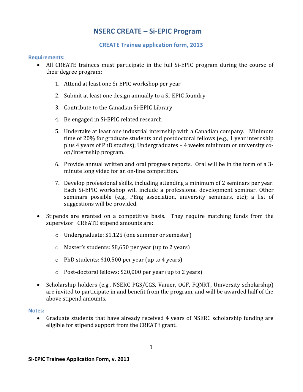 Si-EPIC Trainee Application Form, V. 2013