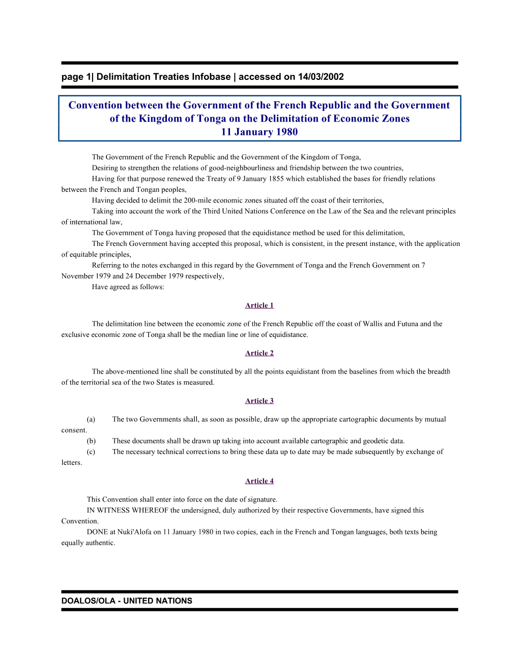 Convention Between the Government of the French Republic and the Government of the Kingdom of Tonga on the Delimitation of Economic Zones 11 January 1980