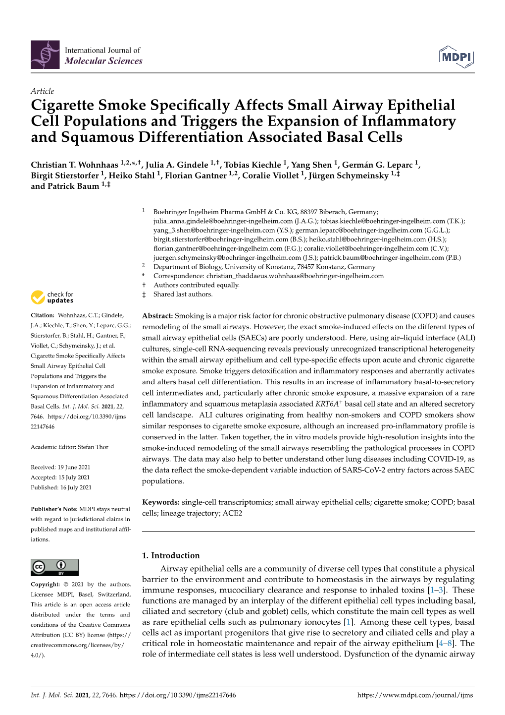 Cigarette Smoke Specifically Affects Small Airway Epithelial Cell