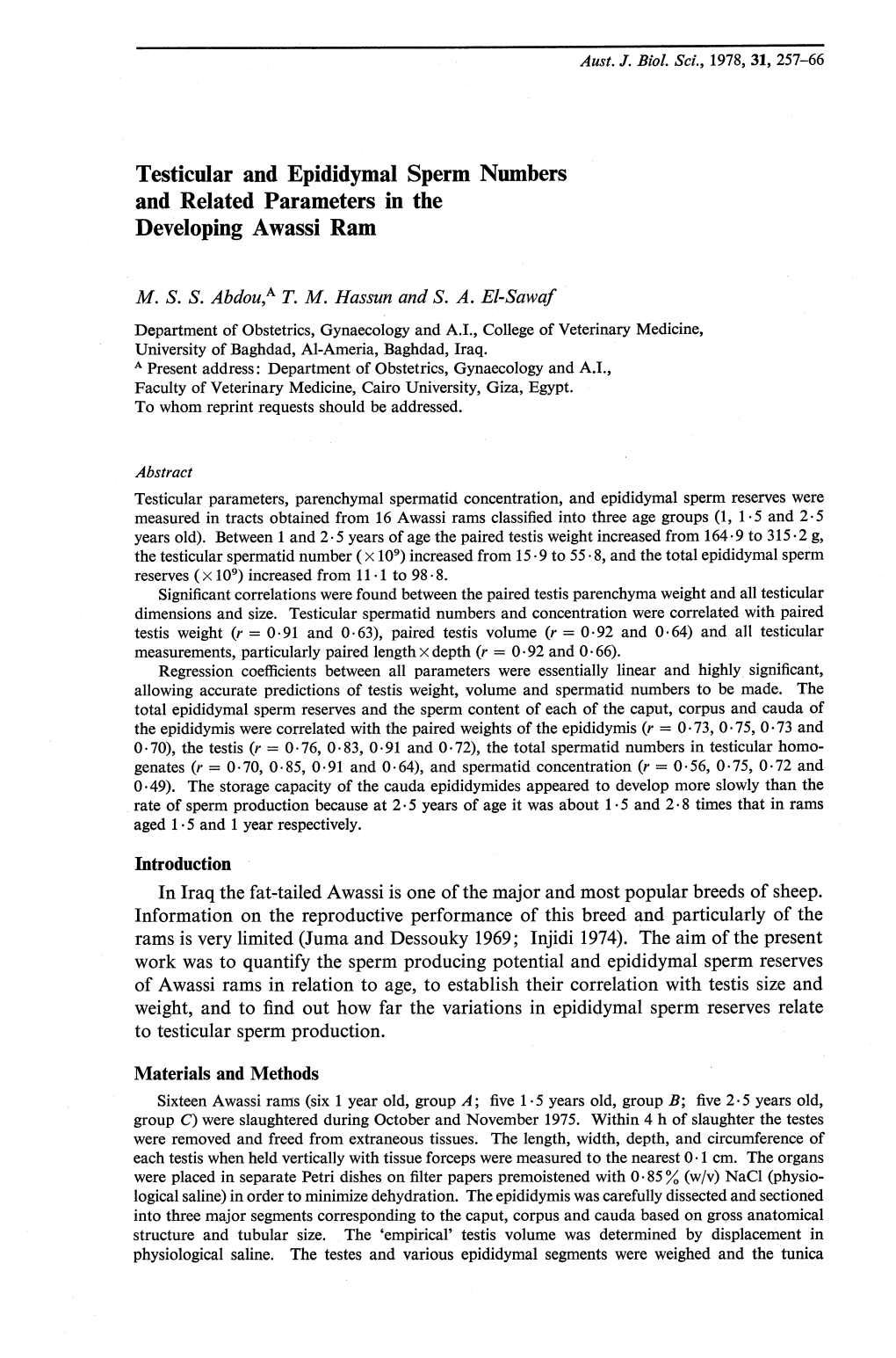 Testicular and Epididymal Sperm Numbers and Related Parameters in the Developing Awassi Ram