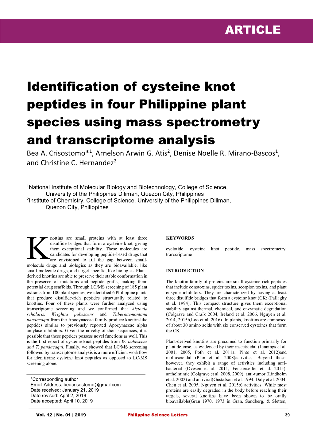 Identification of Cysteine Knot Peptides in Four Philippine Plant Species Using Mass Spectrometry