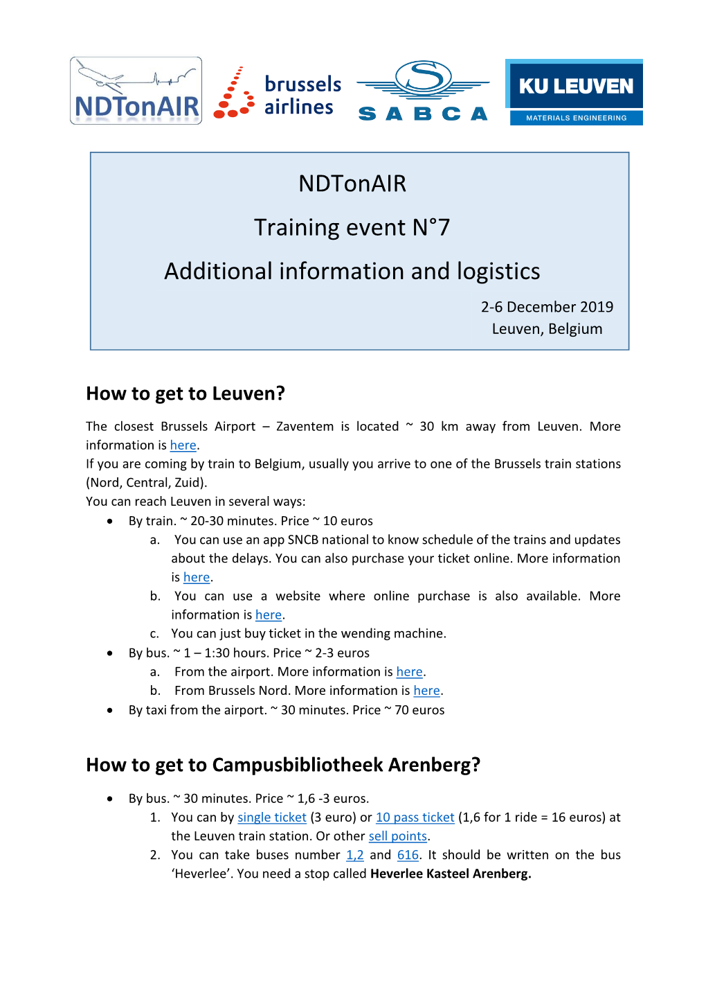 Ndtonair Training Event N°7 Additional Information and Logistics