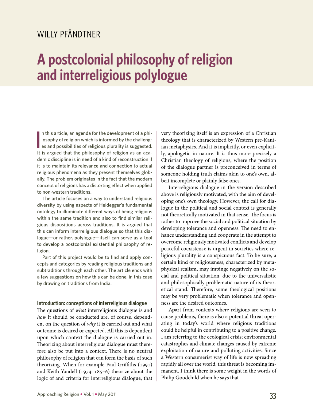 A Postcolonial Philosophy of Religion and Interreligious Polylogue