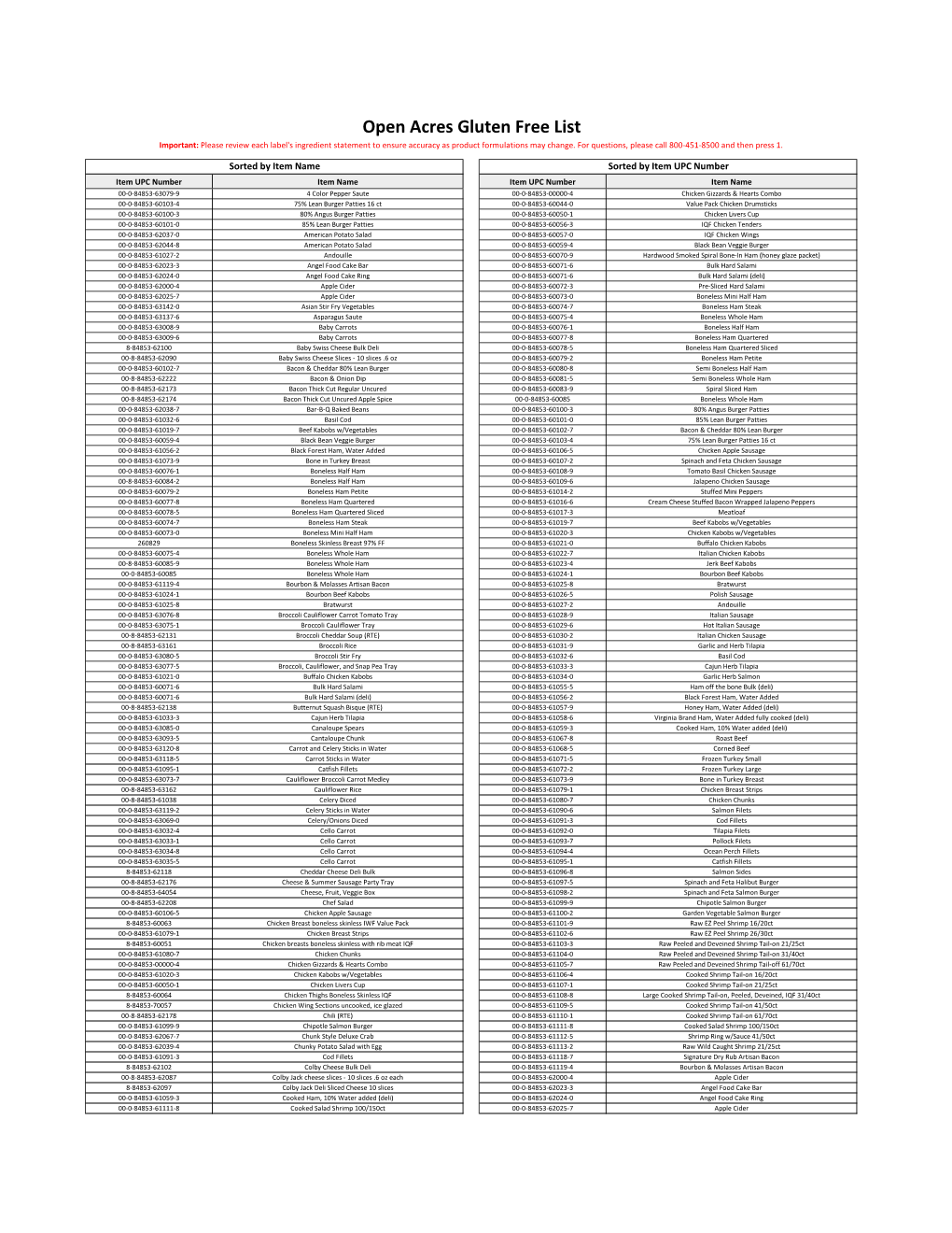 Open Acres Gluten Free List Important: Please Review Each Label's Ingredient Statement to Ensure Accuracy As Product Formulations May Change