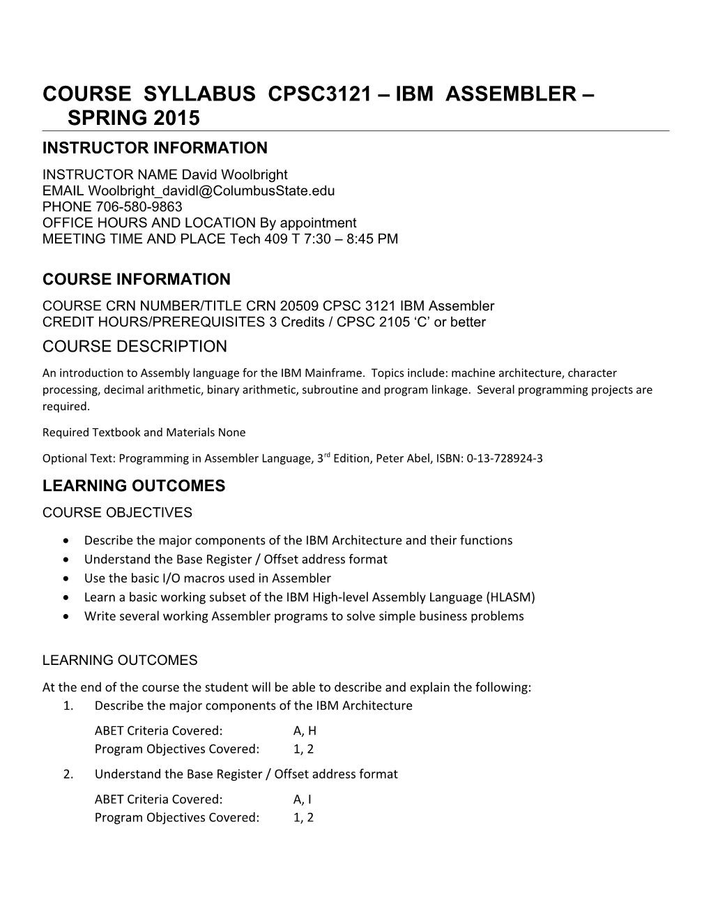 Course Syllabus CPSC3121 IBM Assembler SPRING 2015