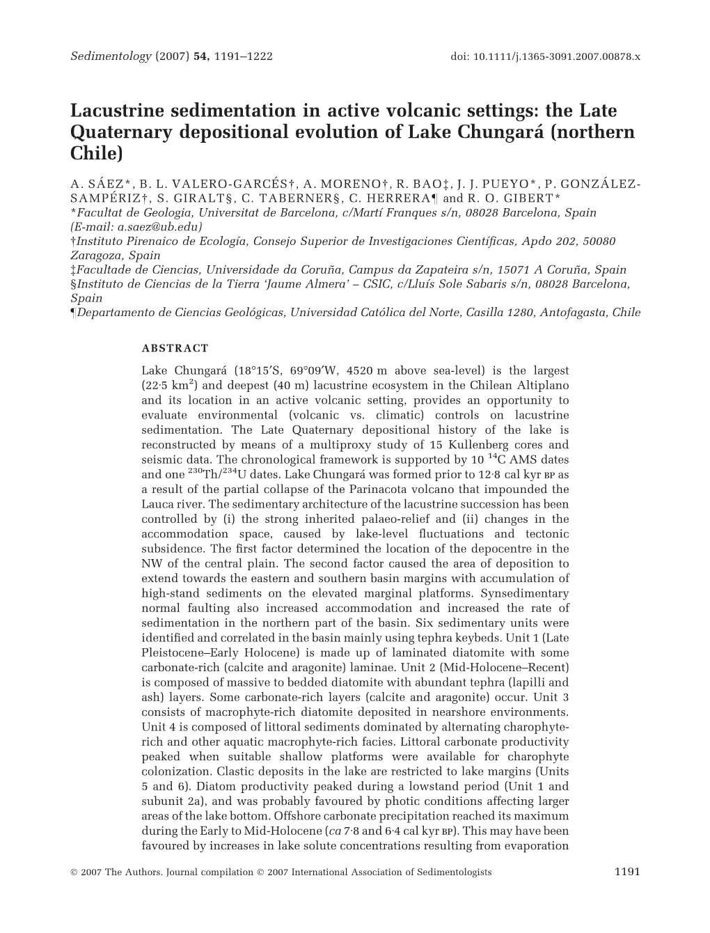 Lacustrine Sedimentation in Active Volcanic Settings: the Late Quaternary Depositional Evolution of Lake Chungara´ (Northern Chile)