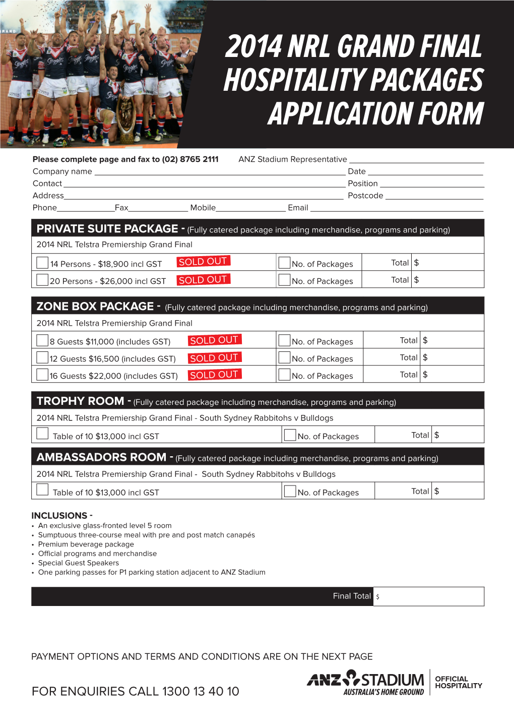 2014 Nrl Grand Final Hospitality Packages Application Form