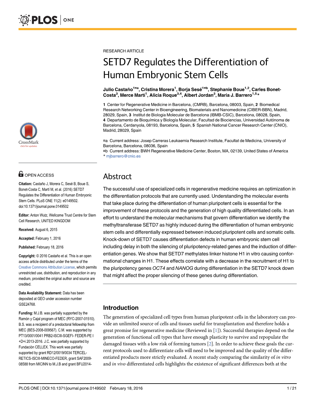 SETD7 Regulates the Differentiation of Human Embryonic Stem Cells