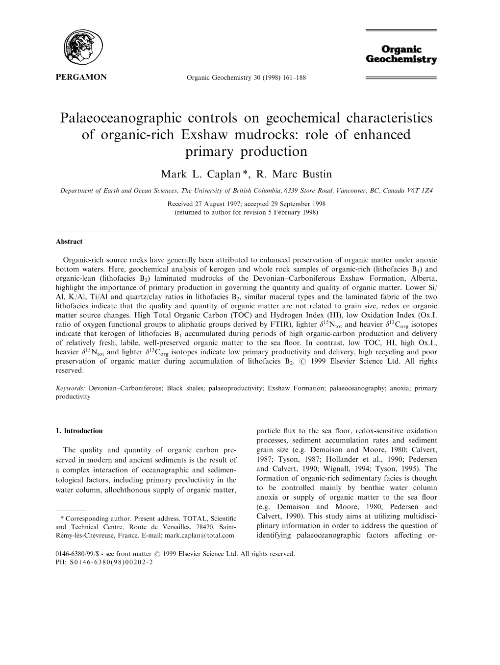 Palaeoceanographic Controls on Geochemical Characteristics of Organic-Rich Exshaw Mudrocks: Role of Enhanced Primary Production