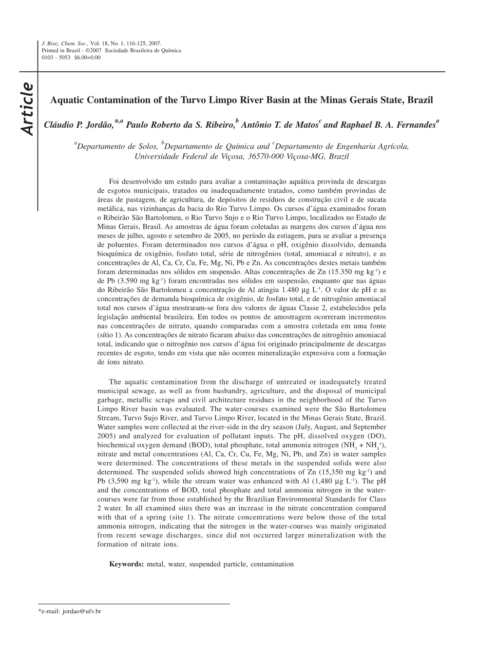 Article Adepartamento De Solos, Bdepartamento De Química and Cdepartamento De Engenharia Agrícola, Universidade Federal De Viçosa, 36570-000 Viçosa-MG, Brazil