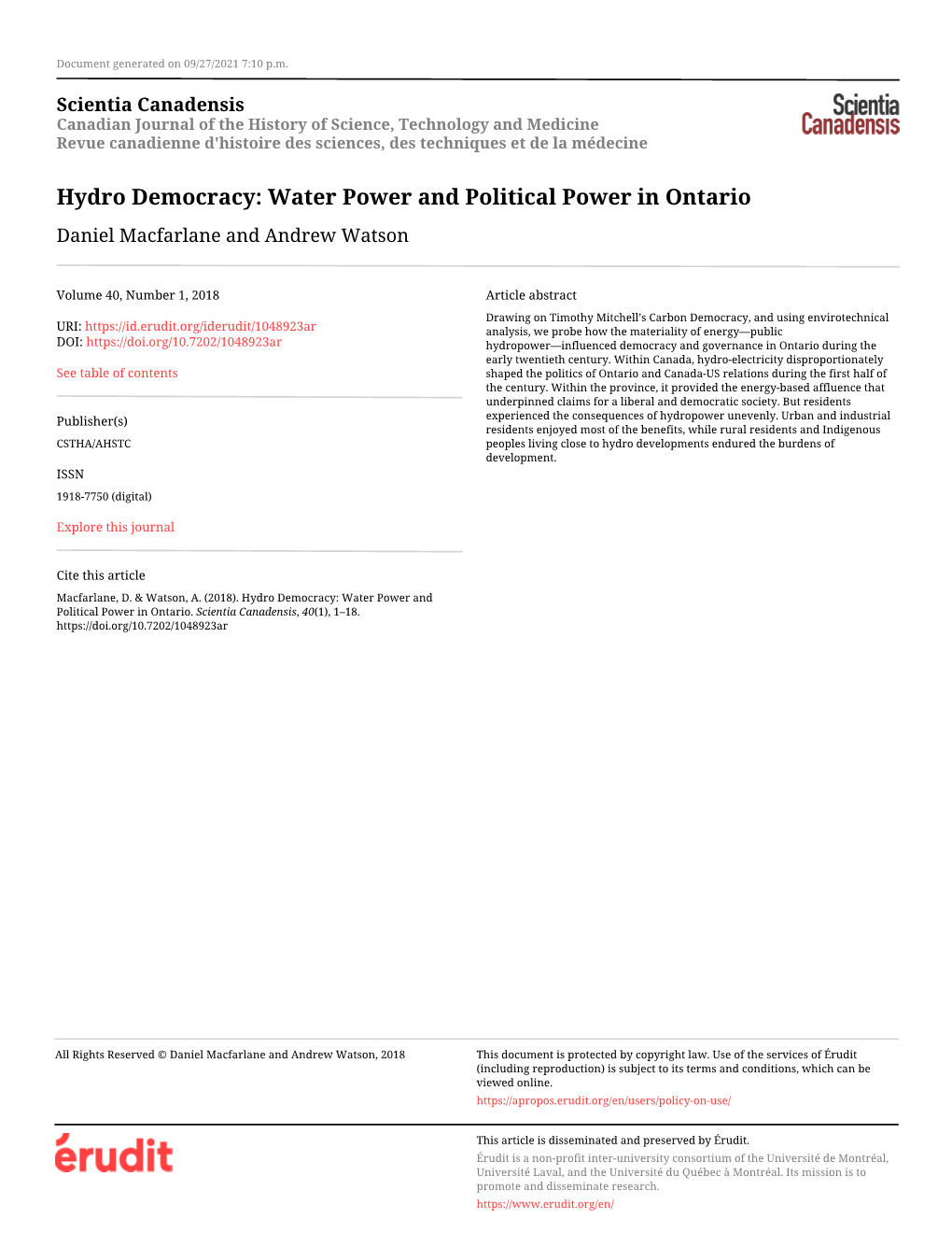 Hydro Democracy: Water Power and Political Power in Ontario Daniel Macfarlane and Andrew Watson