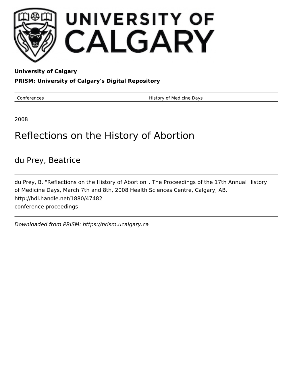 Reflections on the History of Abortion Du Prey, Beatrice Du Prey, B